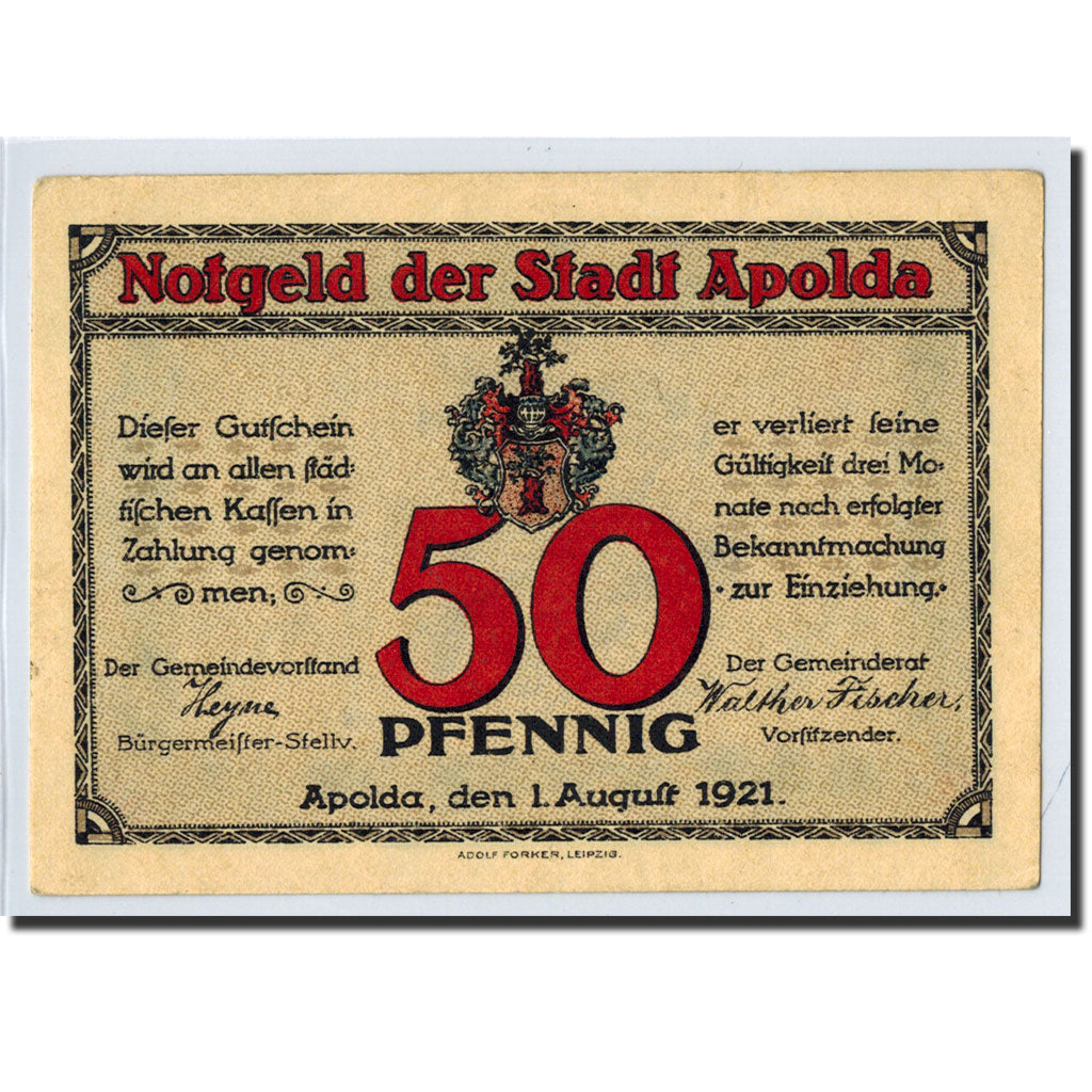 Banknote, Germany, Apolda, 50 Pfennig, machine, 1921, 1921-08-01, UNC(63)