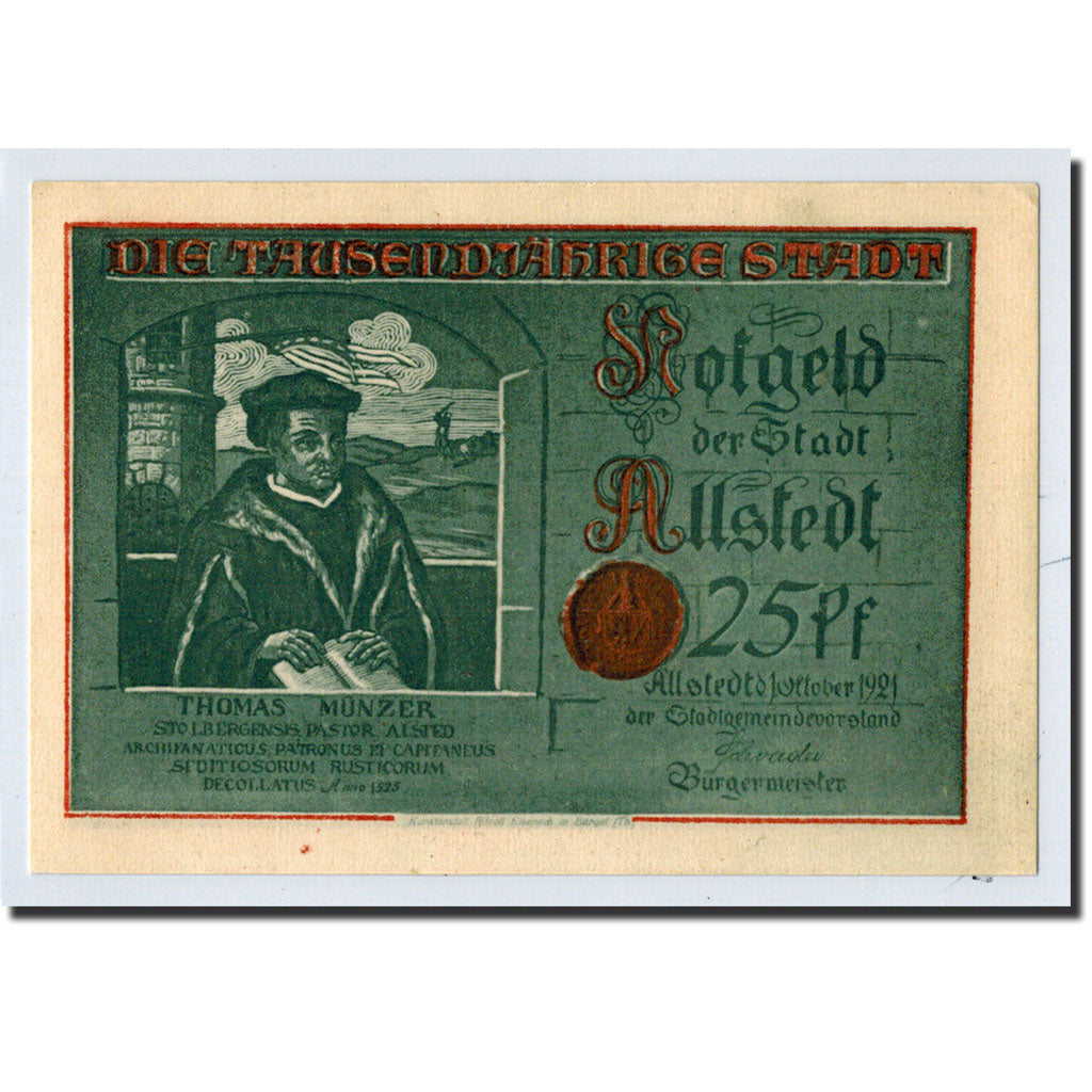 Billet, Allemagne, Allstedt, 25 Pfennig, personnage, 1921, 1921-10-01, SPL
