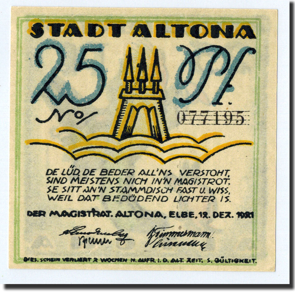 Banknote, Germany, Altona, 25 Pfennig, personnage, 1921, 1921-12-12, UNC(63)