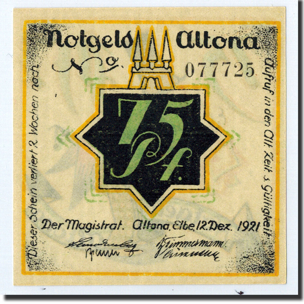 Banknote, Germany, Altona, 75 Pfennig, personnage, 1921, 1921-12-12, UNC(63)