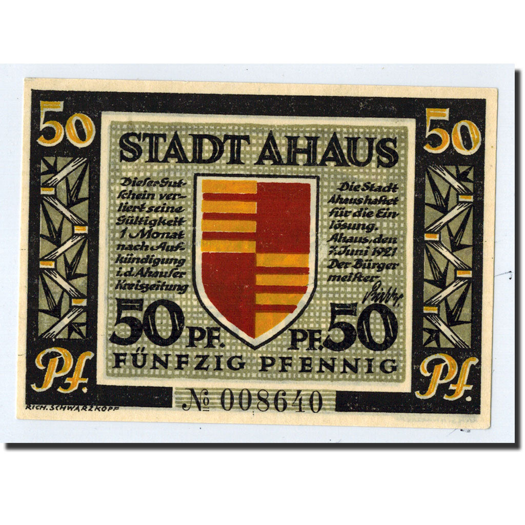 Banknote, Germany, Ahaus, 50 Pfennig, Monument, 1921, 1921-06-07, UNC(63)