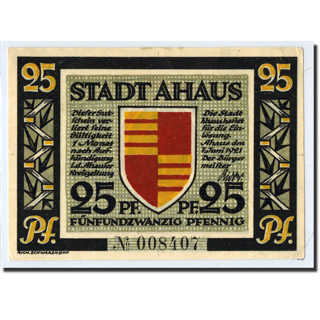 Banknote, Germany, Ahaus, 25 Pfennig, personnage, 1921, 1921-06-07, UNC(63)