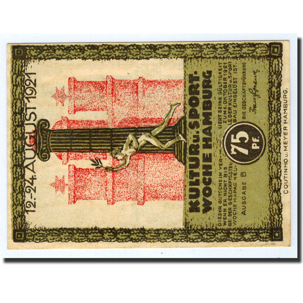 Banknote, Germany, Hamburg, 75 Pfennig, Monument, 1921, 1921-08-31, UNC(63)