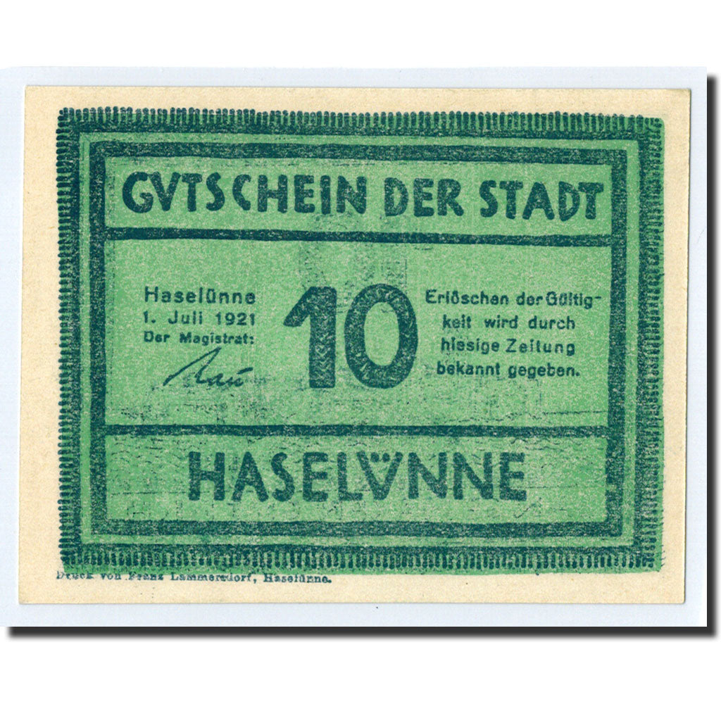Banknote, Germany, Haselünne, 10 Pfennig, paysage, 1921, 1921-07-01, UNC(63)