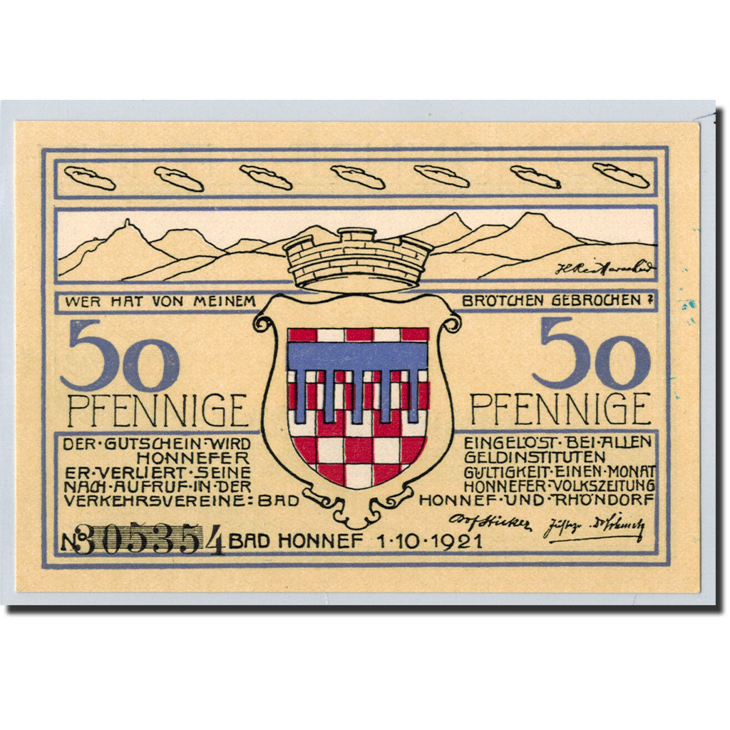 Billet, Allemagne, Honnef a Rhein, 50 Pfennig, paysage 1, 1921, 1921-10-01, SPL