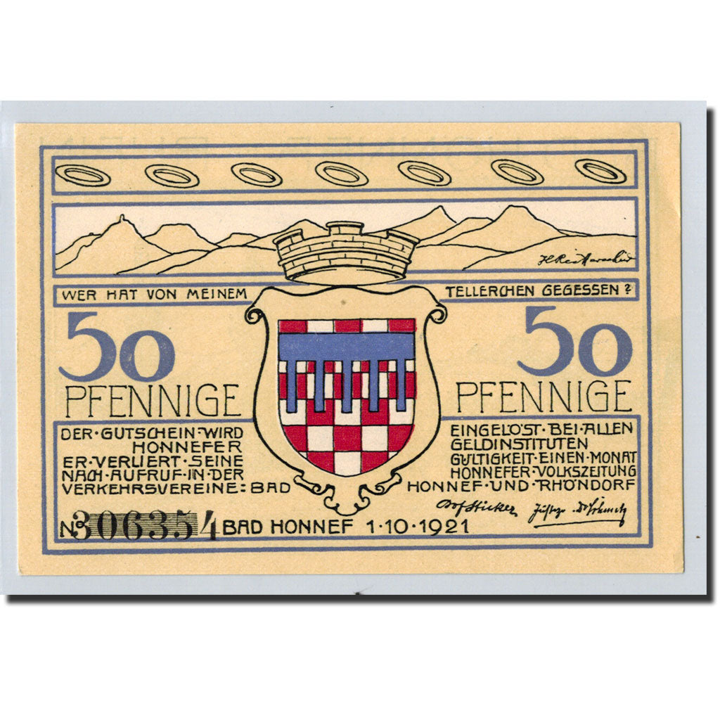 Billet, Allemagne, Honnef a Rhein, 50 Pfennig, paysage 3, 1921, 1921-10-01, SPL
