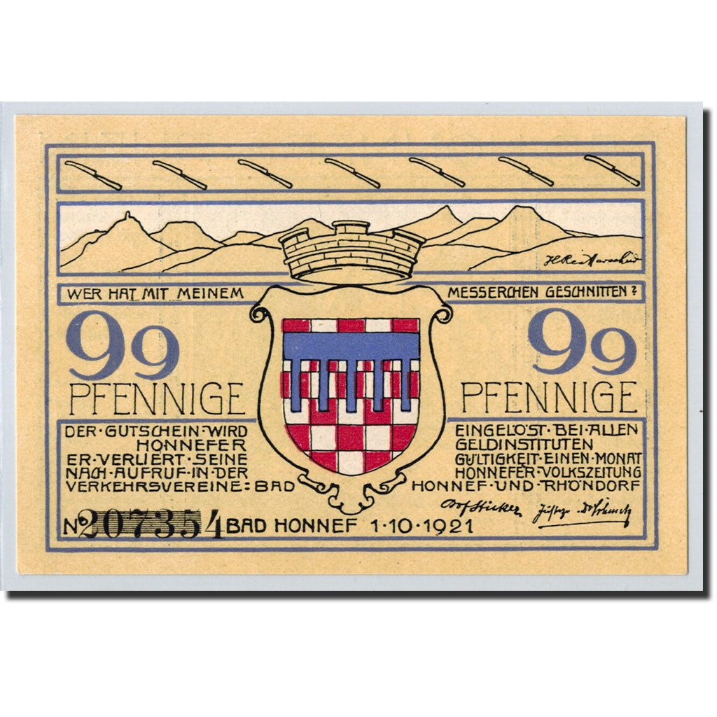 Banknote, Germany, Honnef a Rhein, 99 Pfennig, paysage, 1921, 1921-10-01