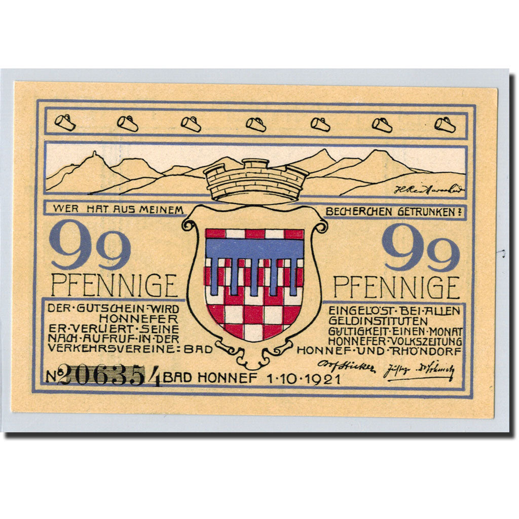 Banknote, Germany, Honnef a Rhein, 99 Pfennig, paysage 2, 1921, 1921-10-01
