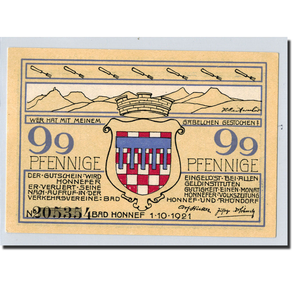 Banconote, Germania, Honnef a Rhein, 99 Pfennig, paysage 3, 1921, 1921-10-01