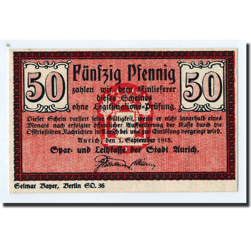 Banknote, Germany, Aurich, 50 Pfennig, Ecusson, 1918, 1918-09-01, UNC(63)