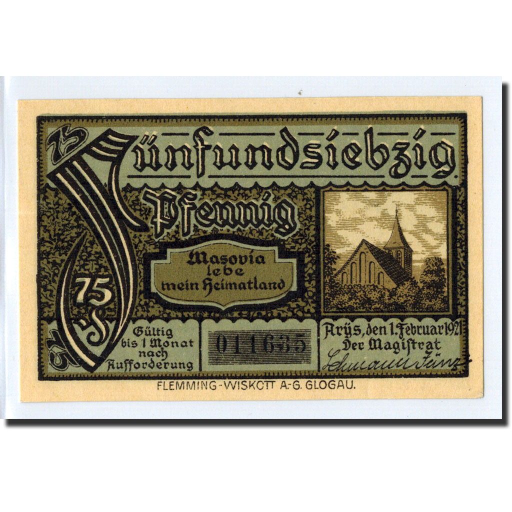 Banknote, Germany, Arys, 75 Pfennig, Ecusson, 1921, 1921-02-01, UNC(63)
