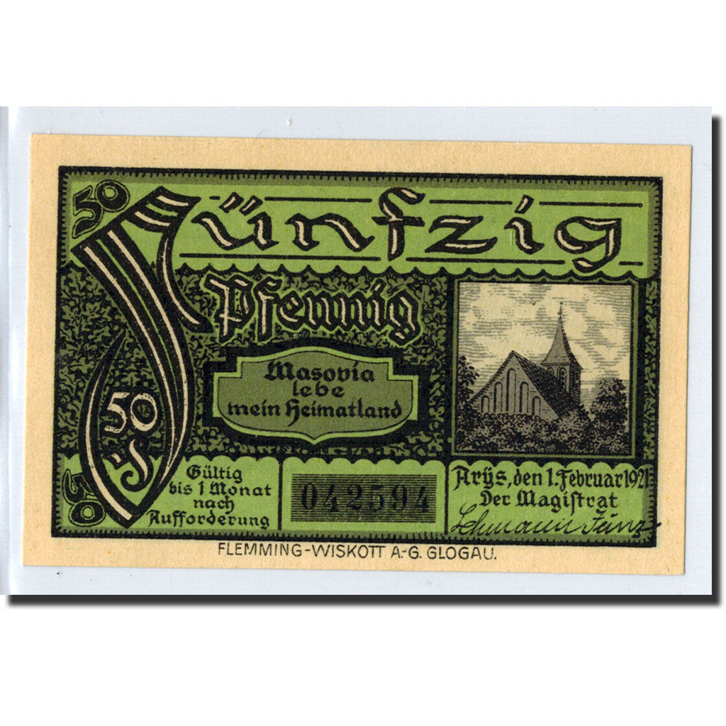 Banknote, Germany, Arys, 50 Pfennig, Ecusson, 1921, 1921-02-01, UNC(63)