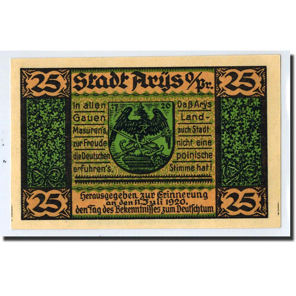 Banknote, Germany, Arys, 25 Pfennig, Ecusson, 1921, 1921-02-01, UNC(63)