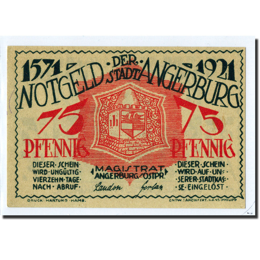 Geldschein, Deutschland, Angerburg, 75 Pfennig, paysage, 1921, UNZ-, Mehl:33.1