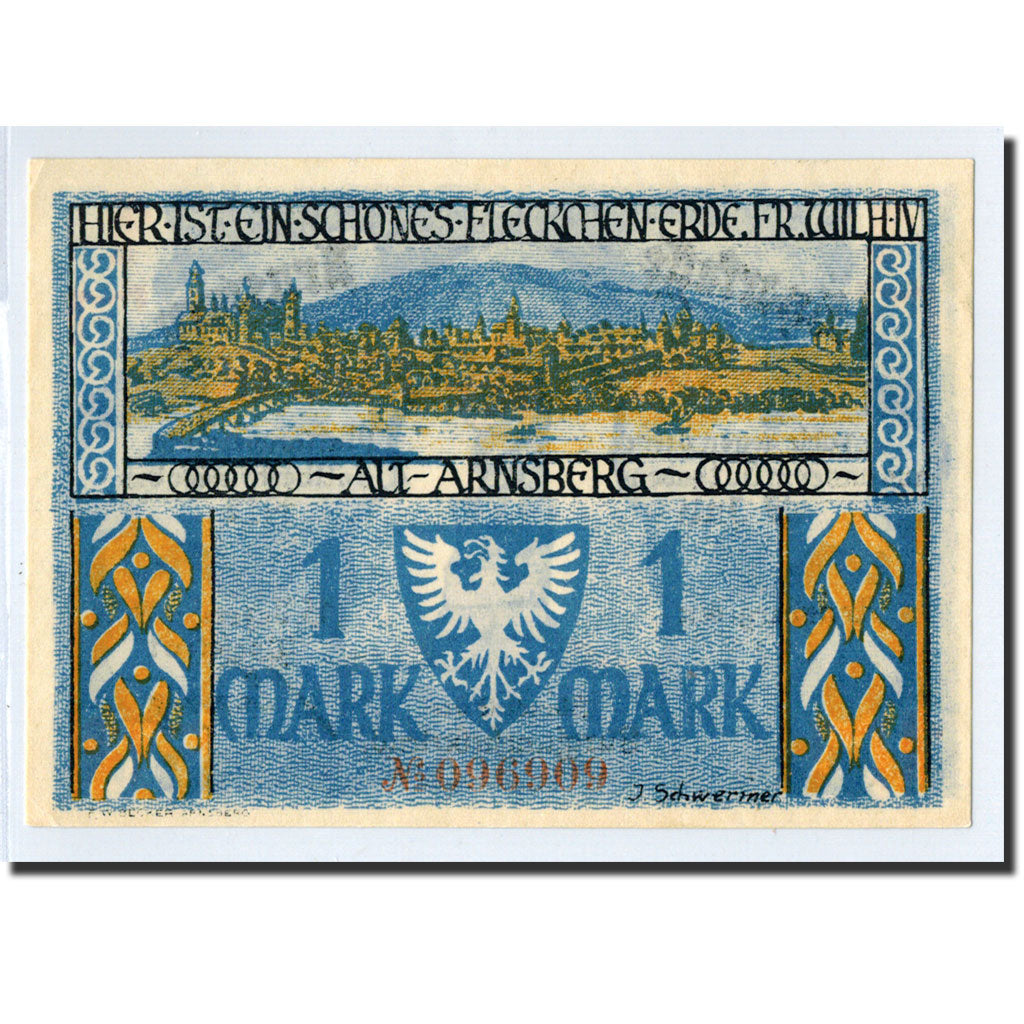 Banknote, Germany, Arnsberg, 1 Mark, statue, 1921, 1921-12-15, UNC(63)