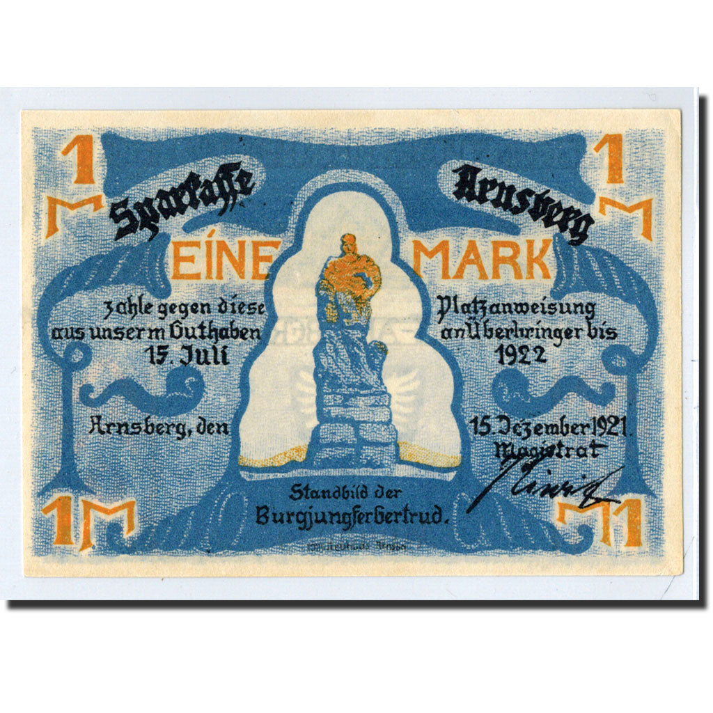 Banknote, Germany, Arnsberg, 1 Mark, statue, 1921, 1921-12-15, UNC(63)