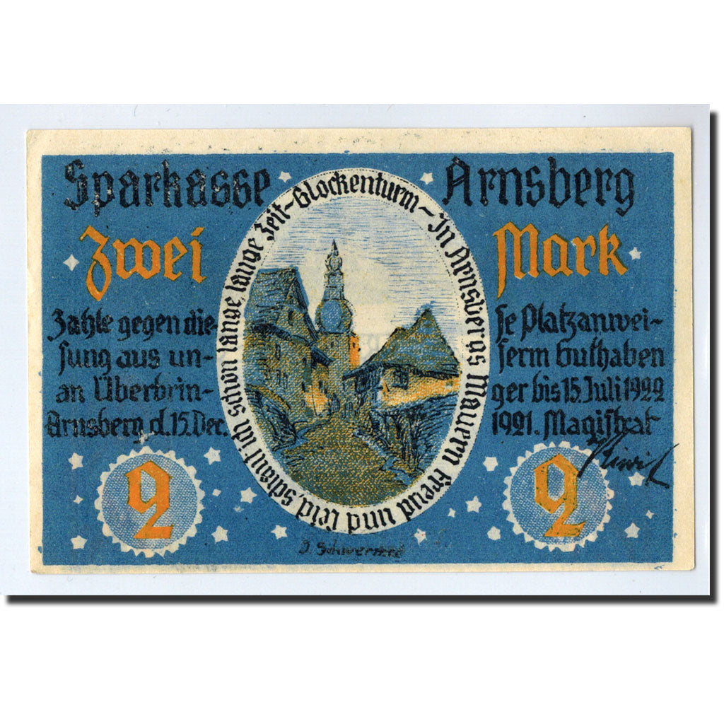 Banknote, Germany, Arnsberg, 2 Mark, ruelle, 1921, 1921-12-15, UNC(63)