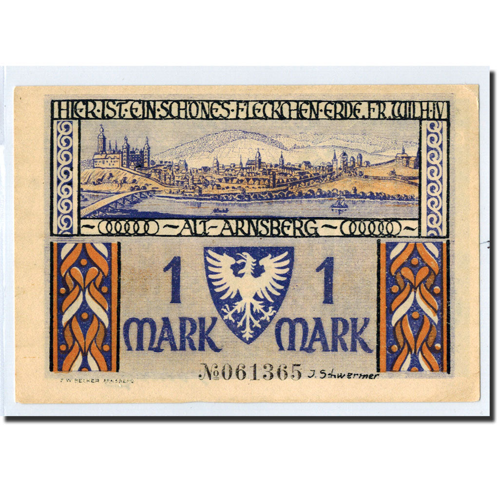 Banknote, Germany, Arnsberg, 1 Mark, paysage, 1921, 1921-12-15, UNC(63)