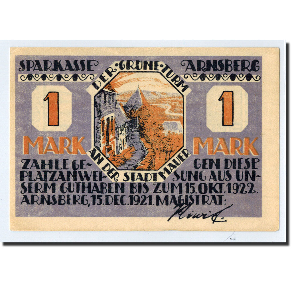 Banknote, Germany, Arnsberg, 1 Mark, paysage, 1921, 1921-12-15, UNC(63)