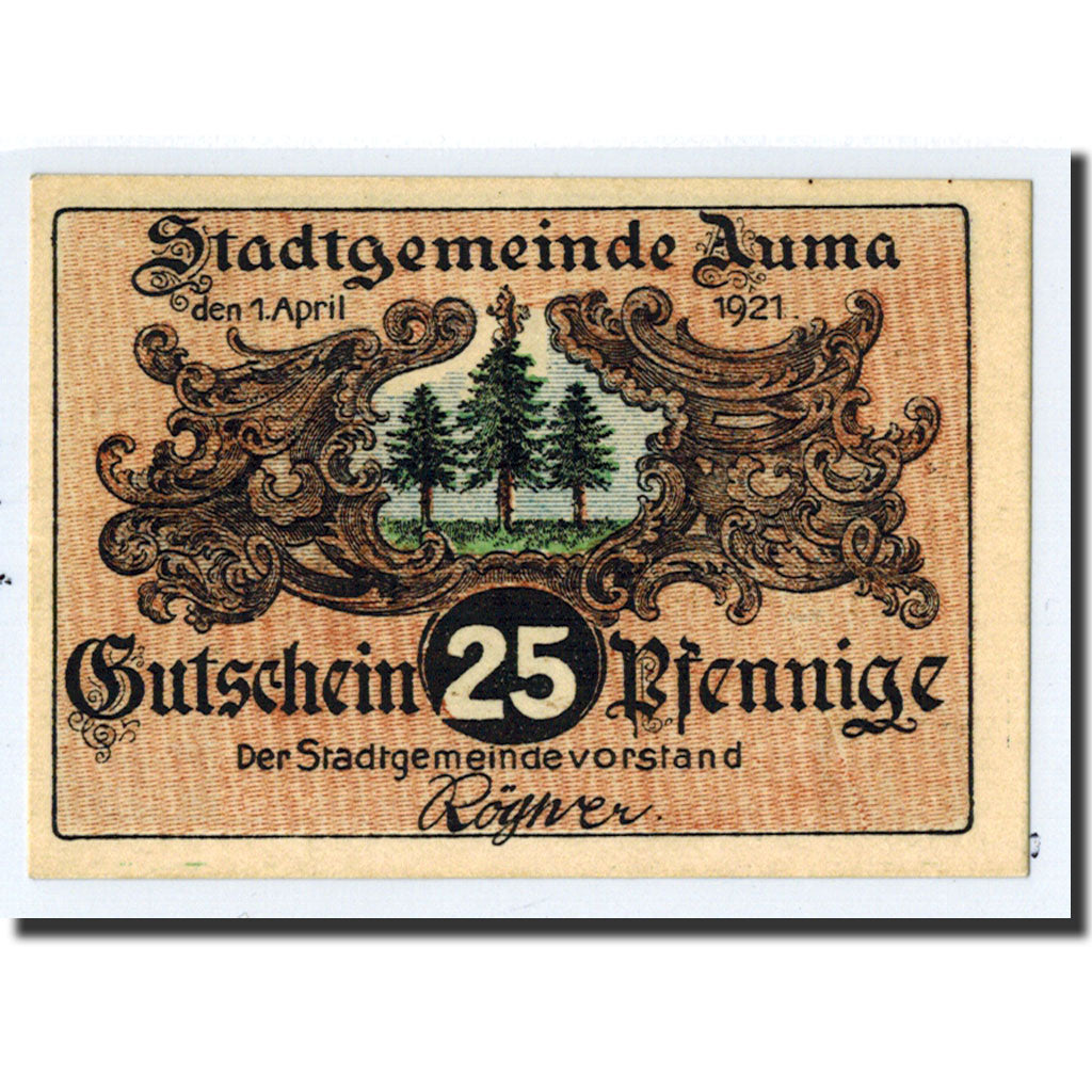 Banknote, Germany, Auma, 25 Pfennig, personnage, 1921, 1921-04-01, UNC(63)