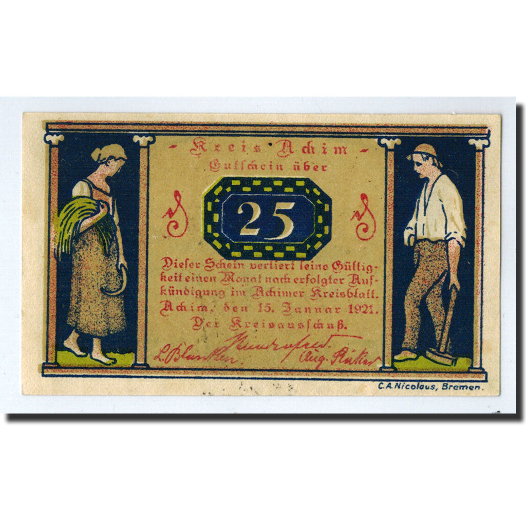 Banknote, Germany, Kreis Achim, 25 Pfennig, personnage, 1921, 1921-01-15