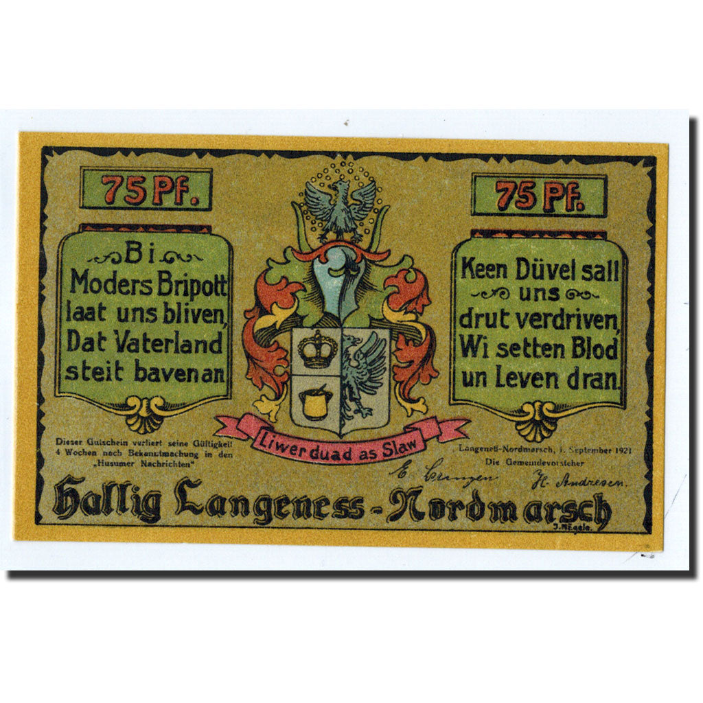 Banknote, Germany, Langeness Nordmarsch, 75 Pfennig, drapeau, 1921, 1921-09-01