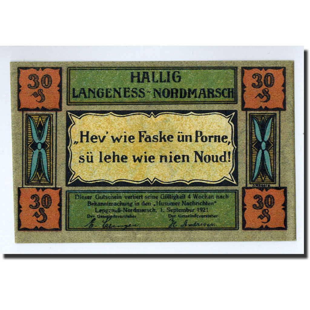 Banknote, Germany, Langeness Nordmarsch, 30 Pfennig, pêcheur, 1921, 1921-09-01