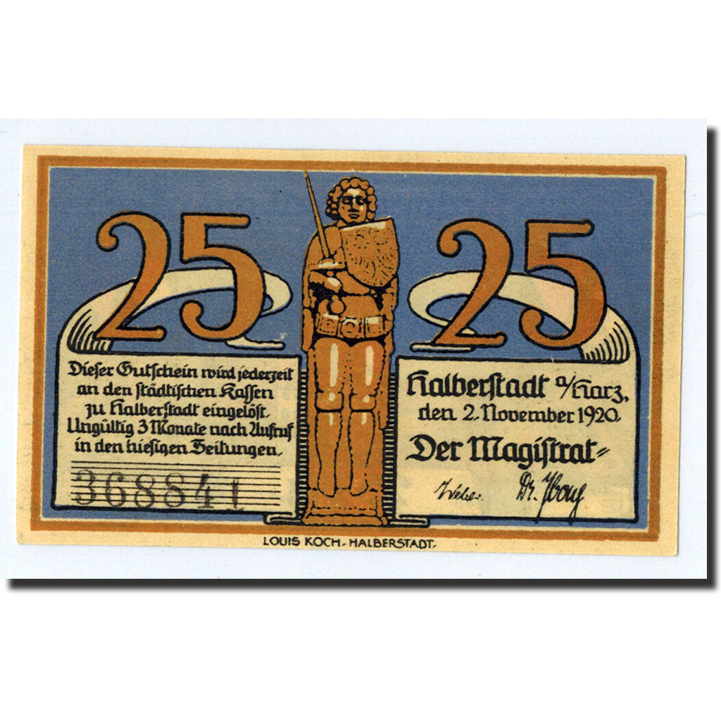 Banknote, Germany, Halberstadt, 25 Pfennig, place, 1921, 1920-11-02, UNC(63)