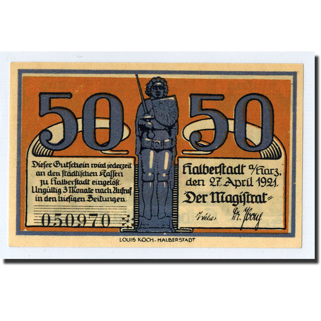 Billet, Allemagne, Halberstadt, 50 Pfennig, personnage 1, 1921, 1921-04-27, SPL