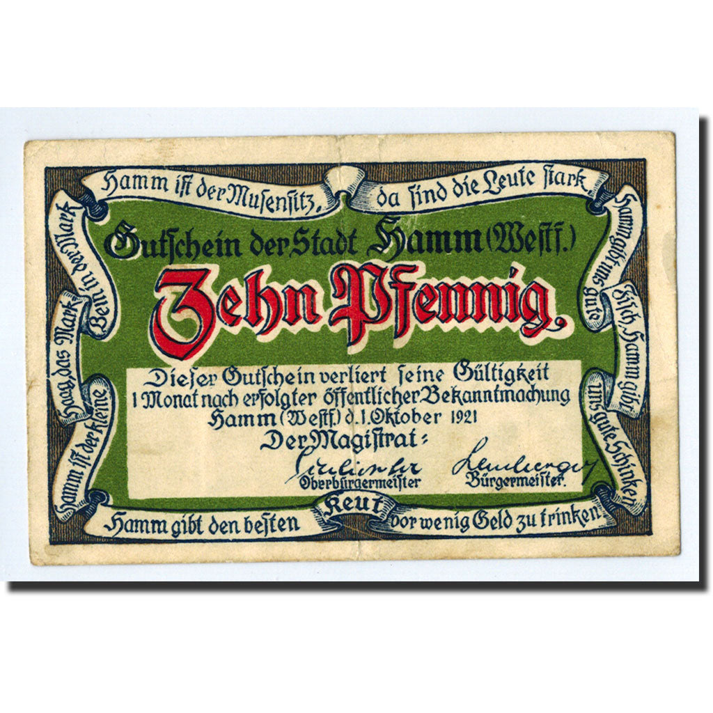 Billet, Allemagne, Hamm, 10 Pfennig, Ecusson, 1917, 1917-03-30, SPL, Mehl:568.1