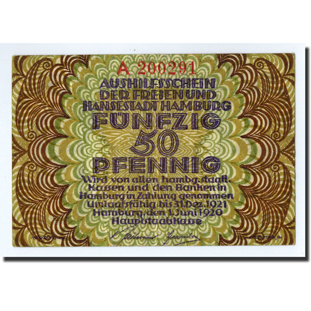 Banknote, Germany, Hamburg, 50 Pfennig, Lion, 1921, 1921-12-31, UNC(63)