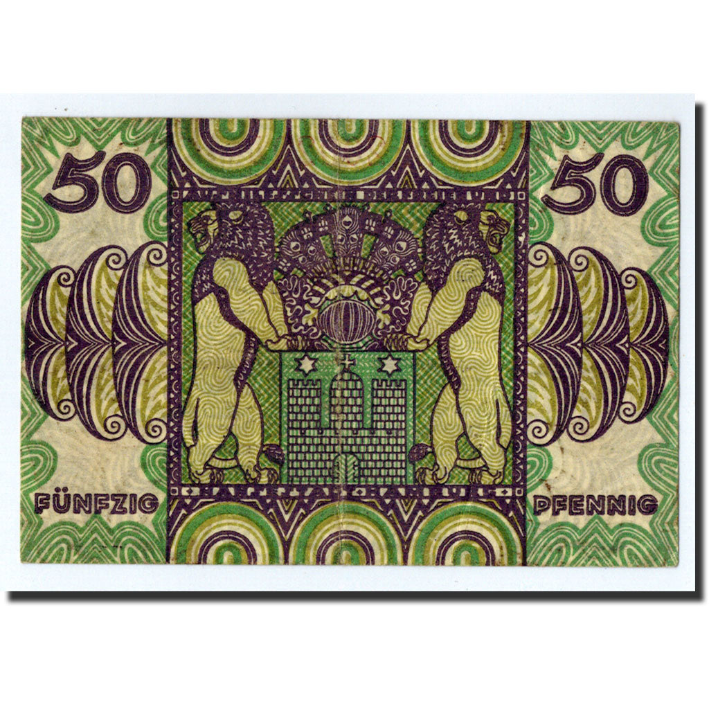 Banknote, Germany, Hamburg, 50 Pfennig, Lion, 1921, 1921-12-31, UNC(63)