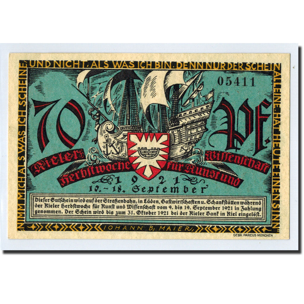 Billet, Allemagne, Kiel, 70 Pfennig, bateau, 1921, 1921-09-10, SPL, Mehl:696.1