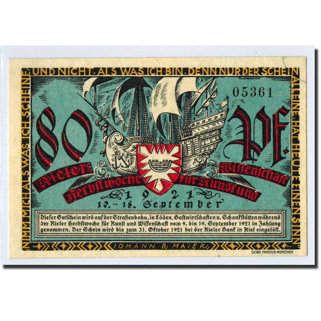 Banconote, Germania, Kiel, 80 Pfennig, personnage, 1921, 1921-09-10, SPL