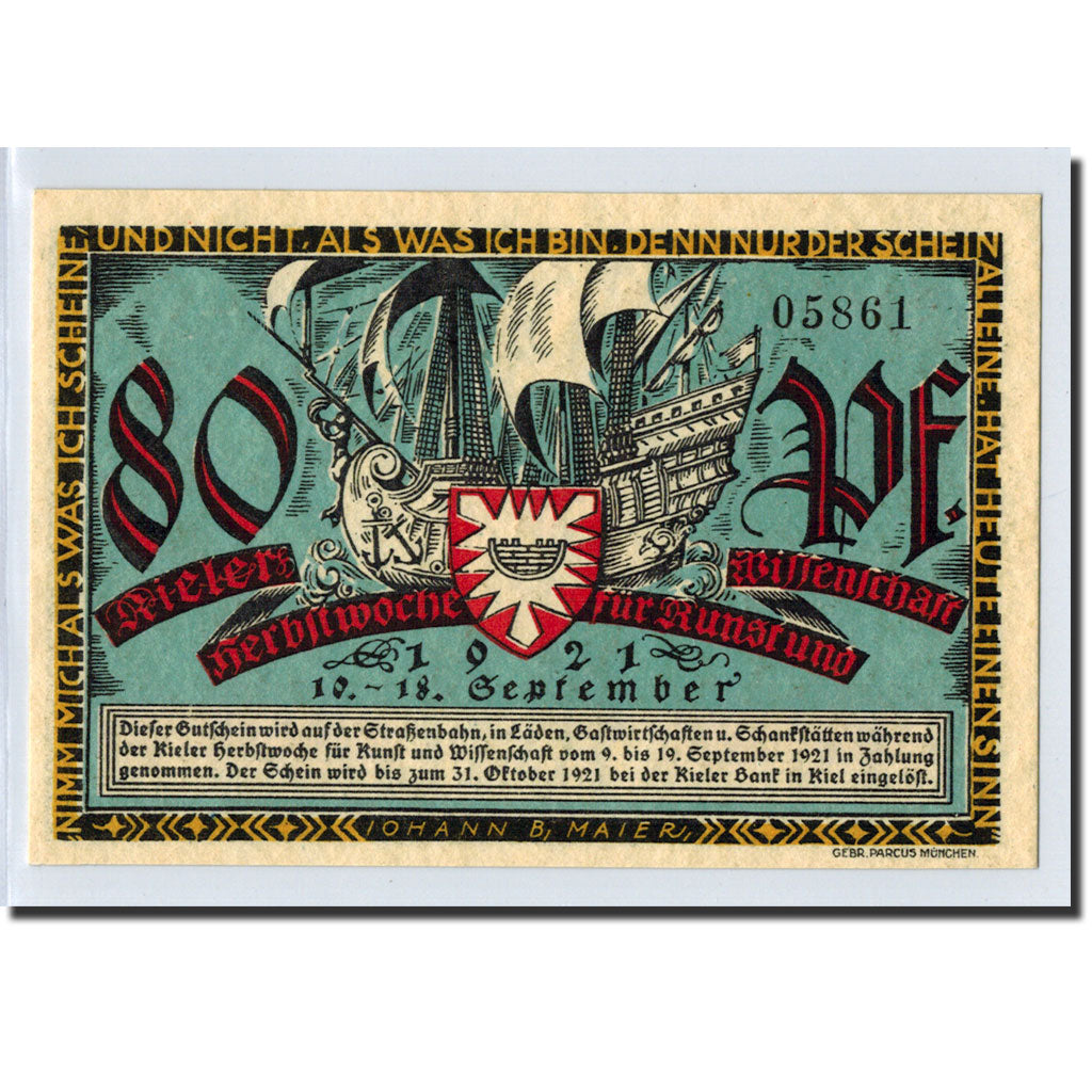Banknote, Germany, Kiel, 80 Pfennig, portrait, 1921, 1921-09-10, UNC(63)