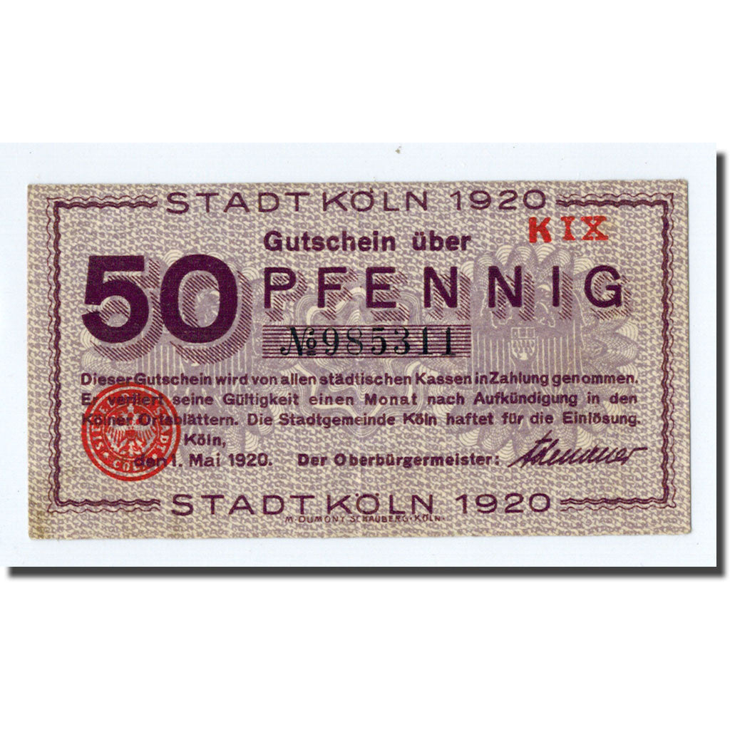 Banconote, Germania, Köln, 50 Pfennig, Monument, 1921, 1920-05-01, SPL