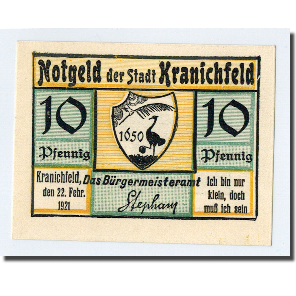 Banknote, Germany, Kranichfeld, 10 Pfennig, paysage, 1921, 1921-02-22, UNC(63)