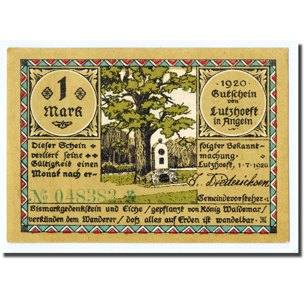 Banknote, Germany, Lutzhoft, 1 Mark, personnage, 1920, 1920-07-01, UNC(63)