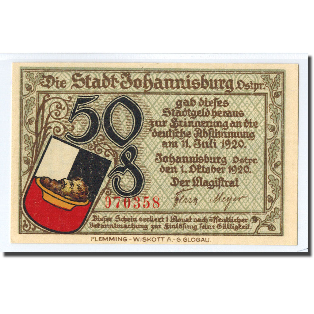 Banknote, Germany, Johannisburg, 50 Pfennig, manoir, 1920, 1920-10-01, UNC(63)