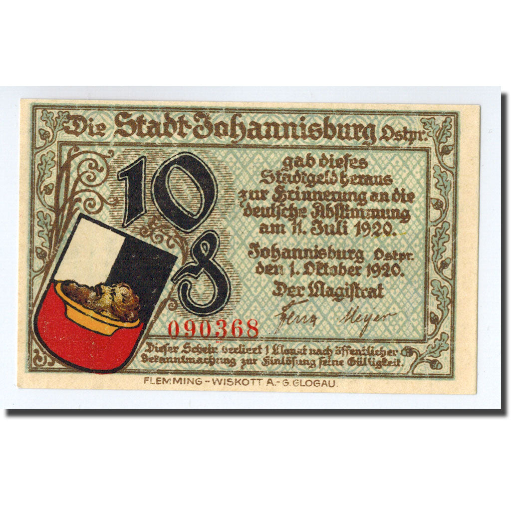 Billet, Allemagne, Johannisburg, 10 Pfennig, manoir, 1920, 1920-10-01, SPL