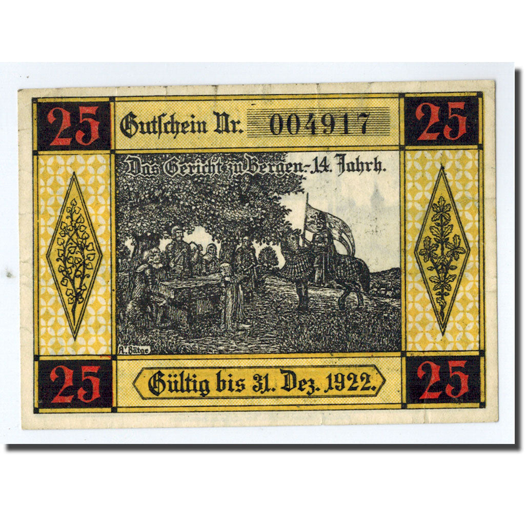 Banknote, Germany, Bergen a.d Dumme, 25 Pfennig, personnage, 1922, 1922-12-31
