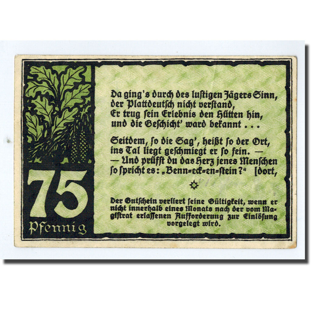 Banknote, Germany, Benneckenstein, 75 Pfennig, paysage, 1921, UNC(63), Mehl:73.1