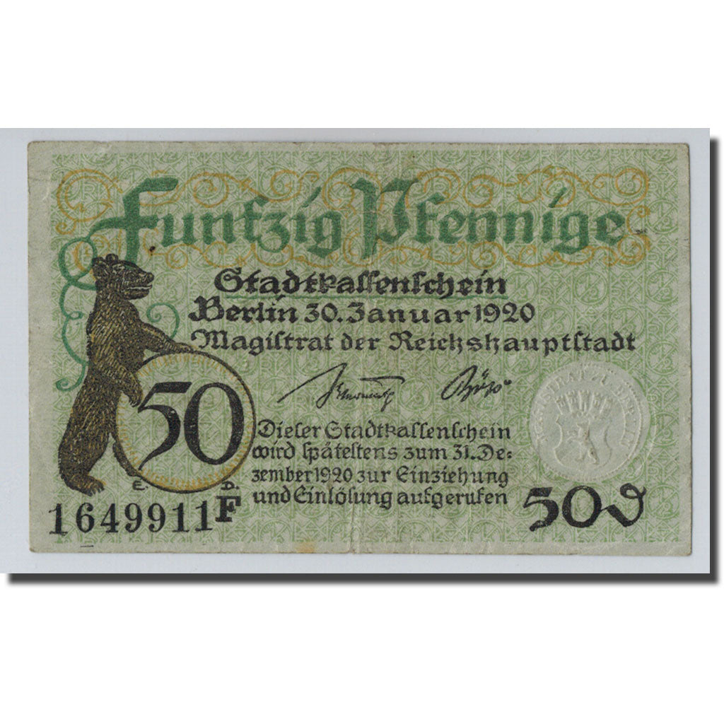 Billete, Alemania, Berlin Stadt, 50 Pfennig, ours 1, 1920, 1920-01-30, SC