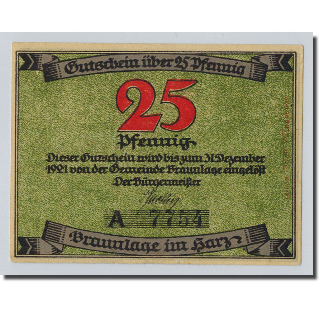 Banknote, Germany, Braunlage, 25 Pfennig, paysage, 1921, 1921-12-31, UNC(63)