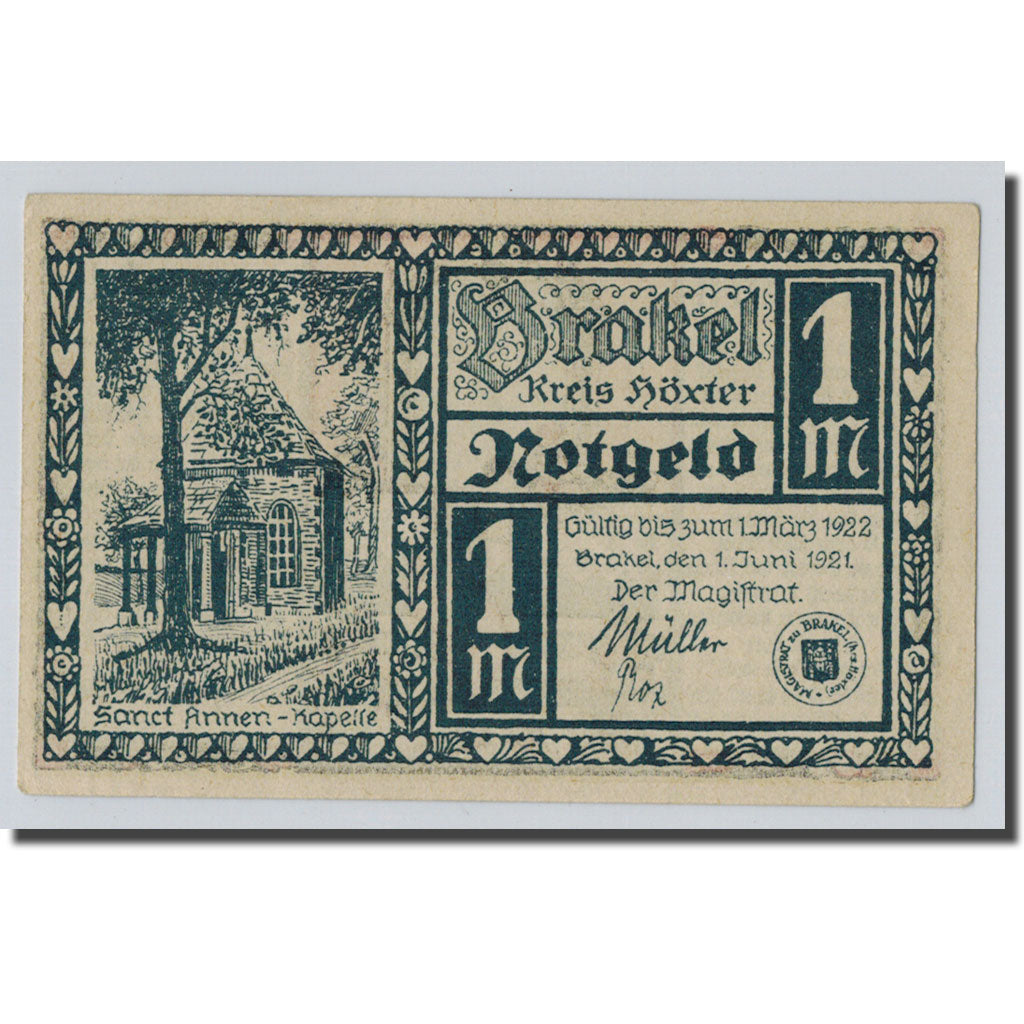 Billet, Allemagne, Brakel Stadt, 1 Mark, personnage, 1921, 1921-06-01, SPL