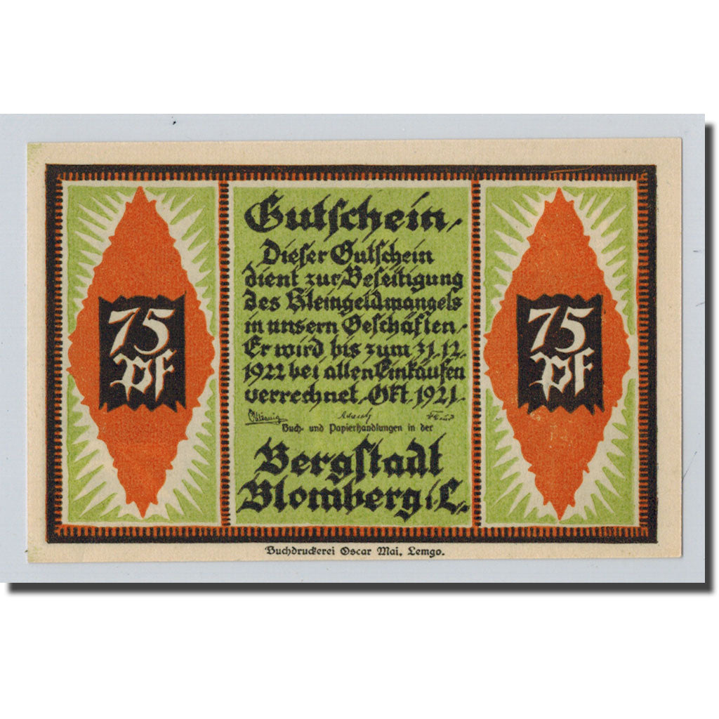 Banknote, Germany, Blomberg, 75 Pfennig, personnage, 1921, UNC(63), Mehl:120.1