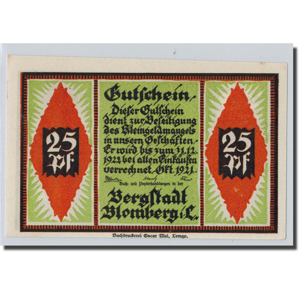 Banknote, Germany, Blomberg, 25 Pfennig, personnage, 1921, UNC(63), Mehl:120.1