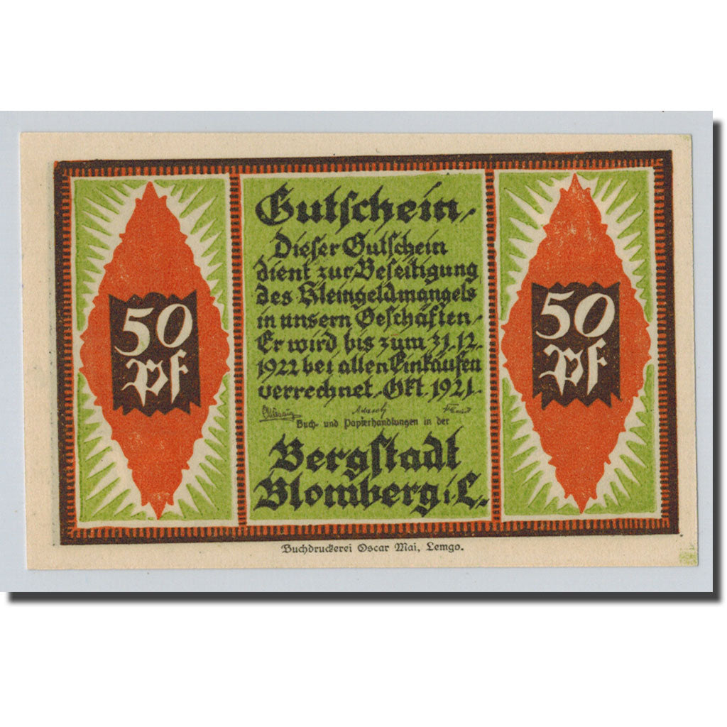 Banknote, Germany, Blomberg, 50 Pfennig, personnage, 1921, UNC(63), Mehl:120.1