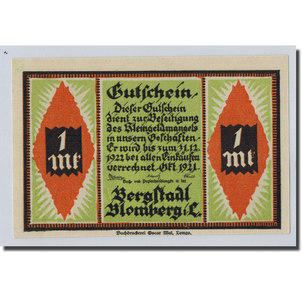 Billet, Allemagne, Blomberg, 1 Mark, personnage, 1921, SPL, Mehl:120.1