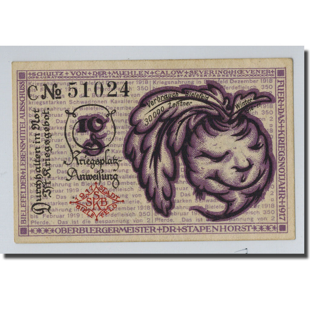 Biljet, Duitsland, Bielefeld, 10 Pfennig, personnage 1, 1921, 1919-04-01, SPL